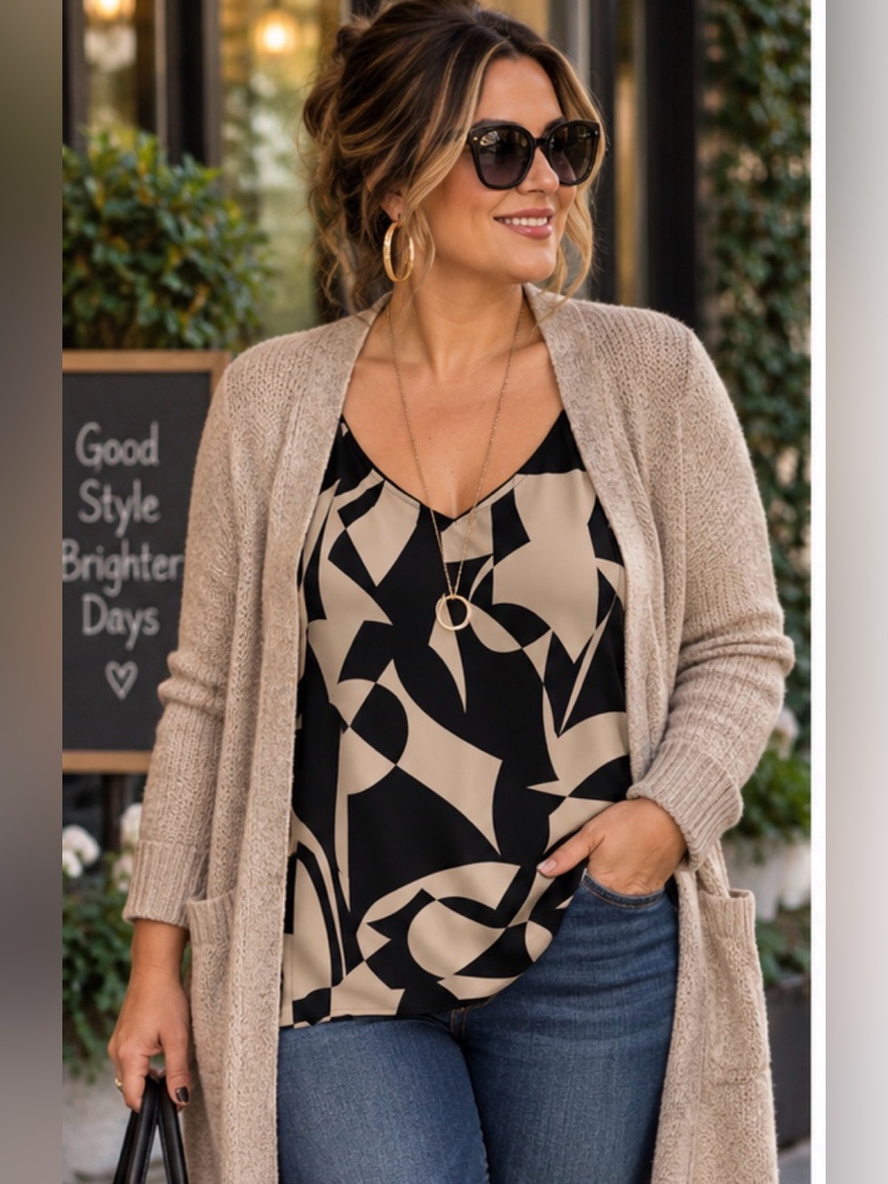 Torrid flattering & versatile  V-Neck Black and Beige Abstract Print Tank